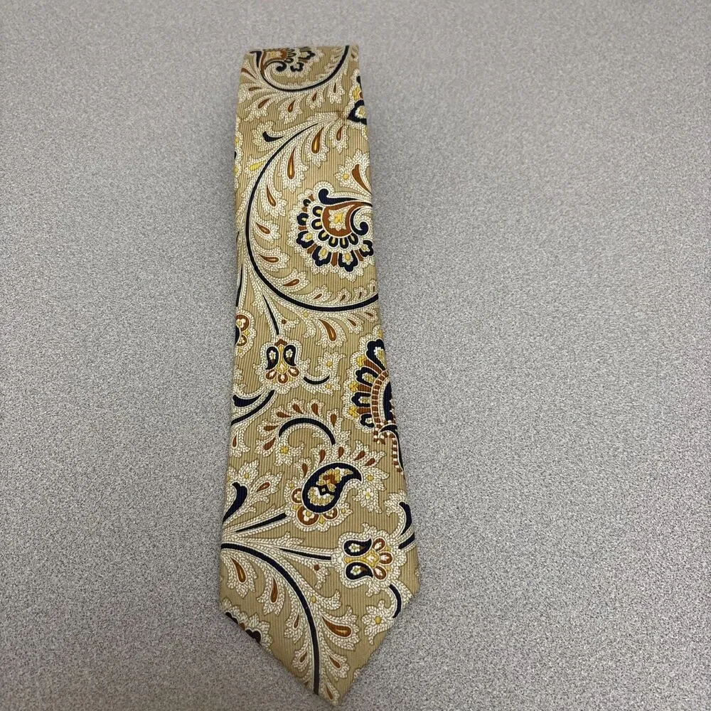 Vintage Hardy Amies London All Silk Tie, Necktie, Beige, Black Paisley Design